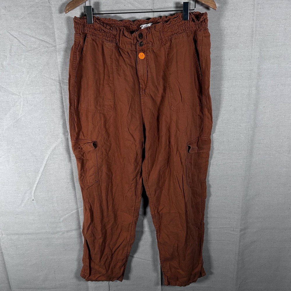 Nicole Miller New York Linen Blend Cargo Pants Womens Large Brown Smocked Waist
